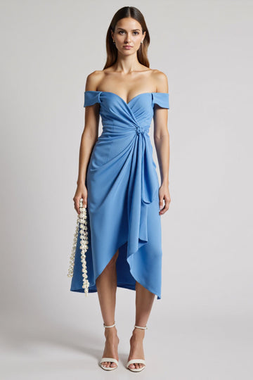 Blue Off The Shoulder Ruched A Line Midi Work Dress with Ruffles